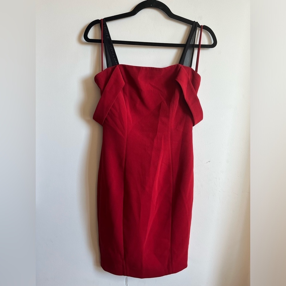 Cinq à Sept Nova Red Fitted Bodycon Off Shoulder Cocktail Dress